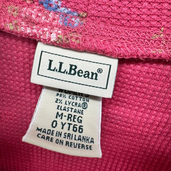 LL Bean Shirt Womens Medium Pink Floral Thermal Waffle Knit Mock Neck Pullover - Picture 2 of 8